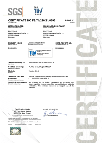 PLATO Functional Safety is certified according to ISO 26262.