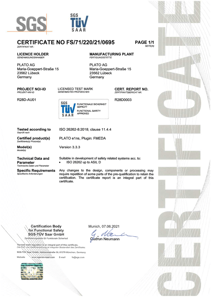 PLATO Functional Safety - Certified according to ISO 26262